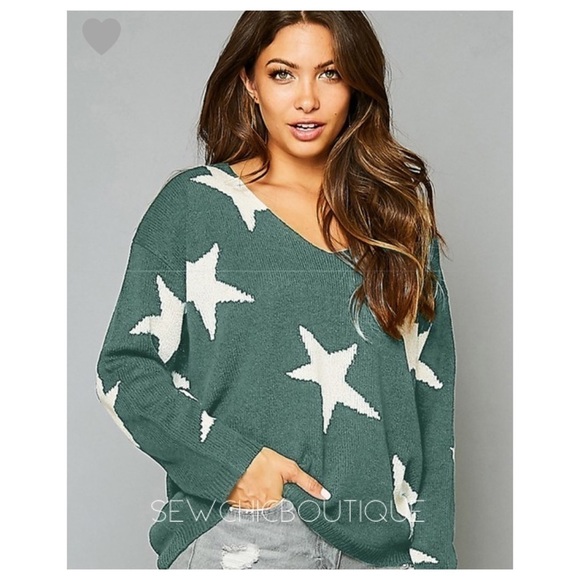 Fave Light Olive Soft Star Knit V-Neck Sweater - Picture 2 of 7